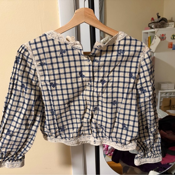 EUC Sezane Thalyna Blouse Blue Floral Embroidery On Vichy Fabric - Size 6 - Picture 4 of 5